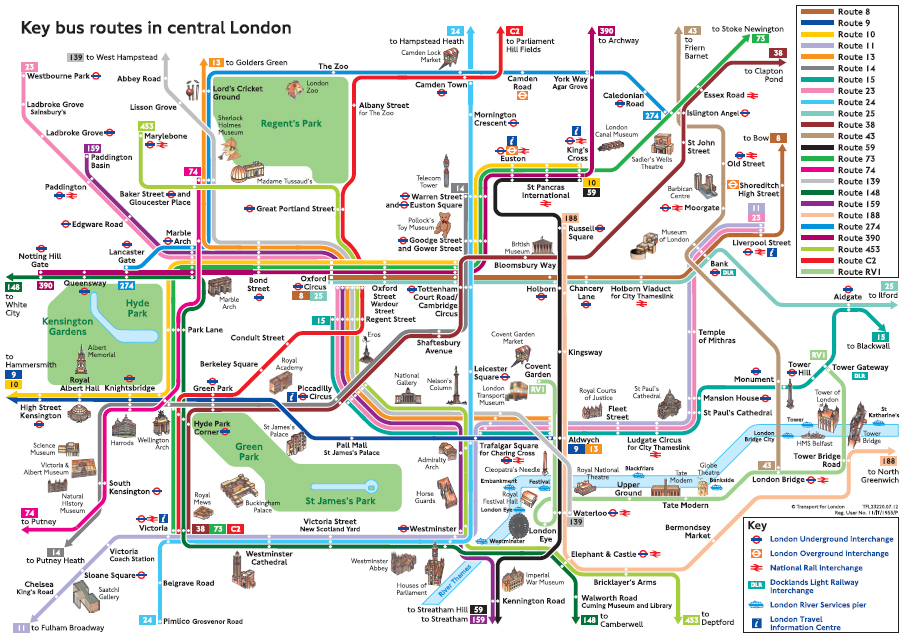 Mapa das rotas dos ônibus em Londres