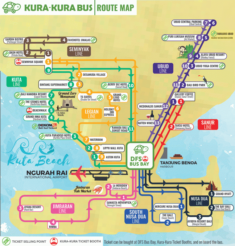 mapa kura lura bus - como se locomover em bali