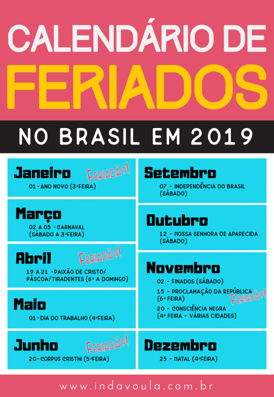 Calendário de feriados no Brasil em 2019