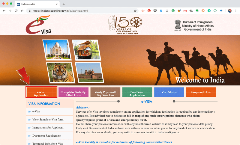 Site oficial para o visto online do Governo da Índia
