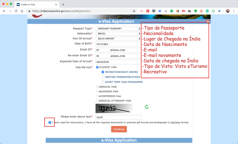 Primeira página do formulário de visto para Índia