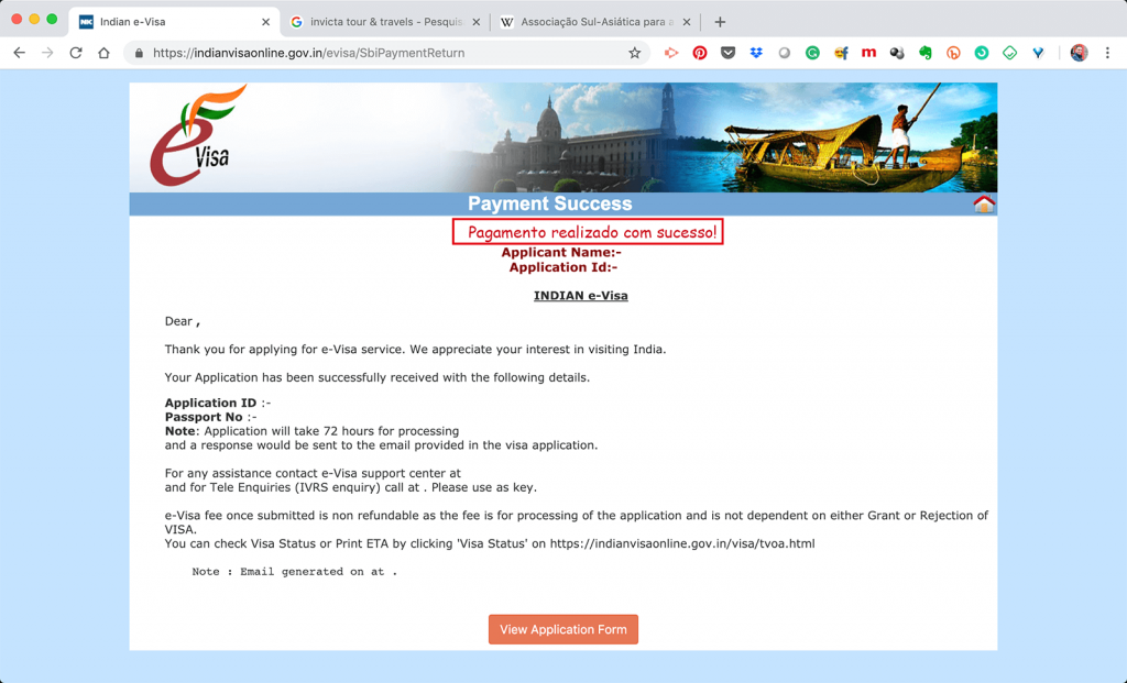 Página de confirmação de pagamento do visto para índia