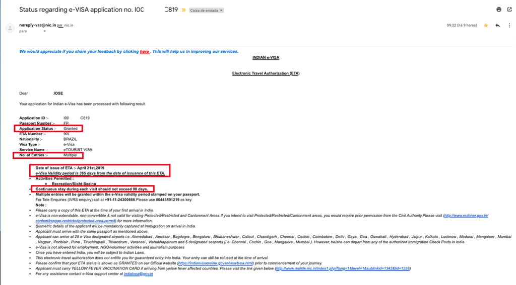 E-mail com visto aprovado