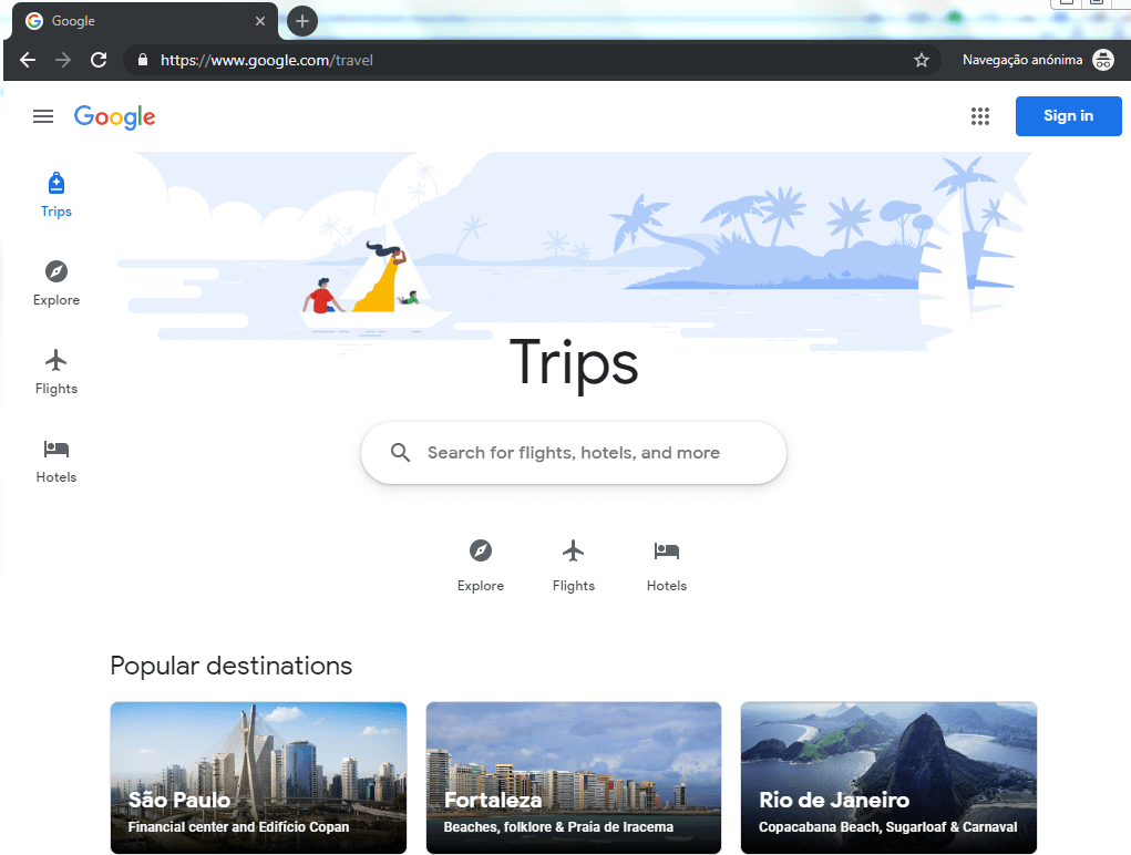 Página inicial da ferramenta Google Travel 