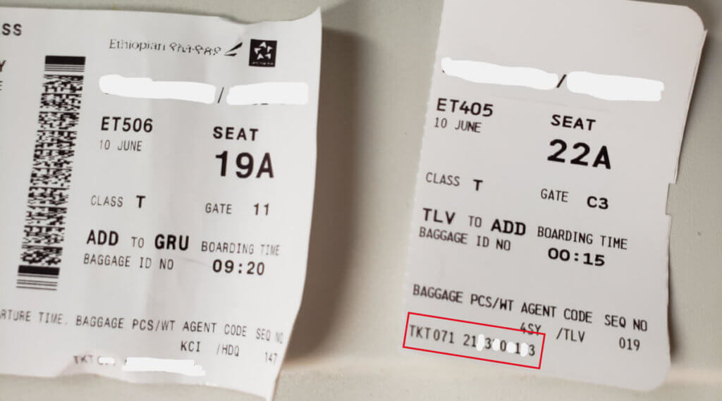 Cartão de Embarque da Ethiopian Airlines com Número do Ticket