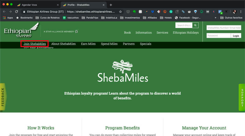 pontuar com ethiopian airlines e cadastrar na Sheba Miles