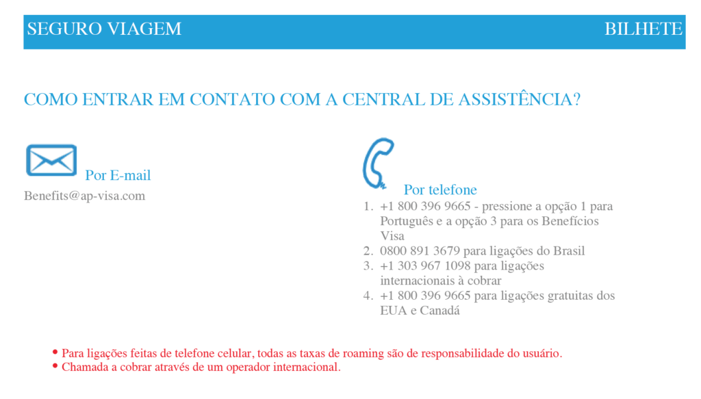 Contatos do seguro viagem do cartão de crédito visa.