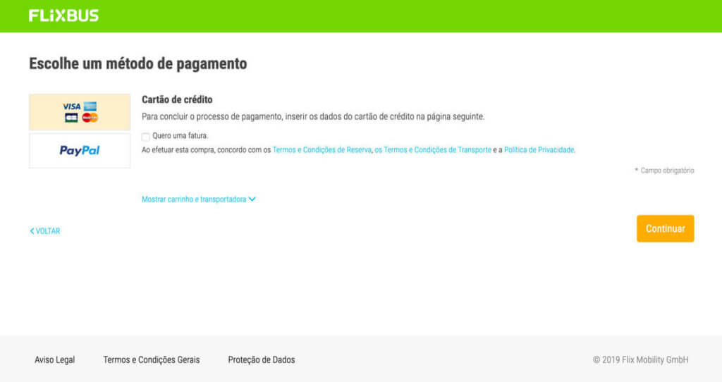 Escolha a forma de pagamento para comprar na Flixbus