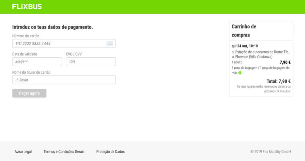 Coloque os dados de pagamento e clique em pagar agora. Para você viajar de onibus pela europa