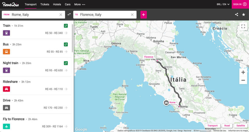 Comparador de transportes Rome 2 Rio