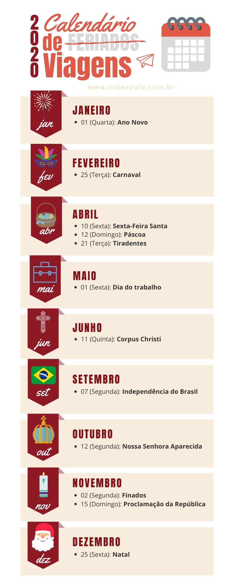 calendário de feriados 2020