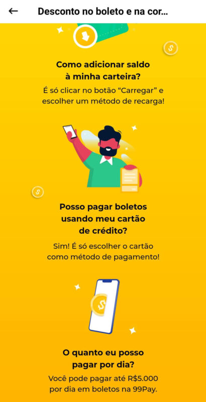 Carteira digital da 99 Pay que permite pagamento de boleto