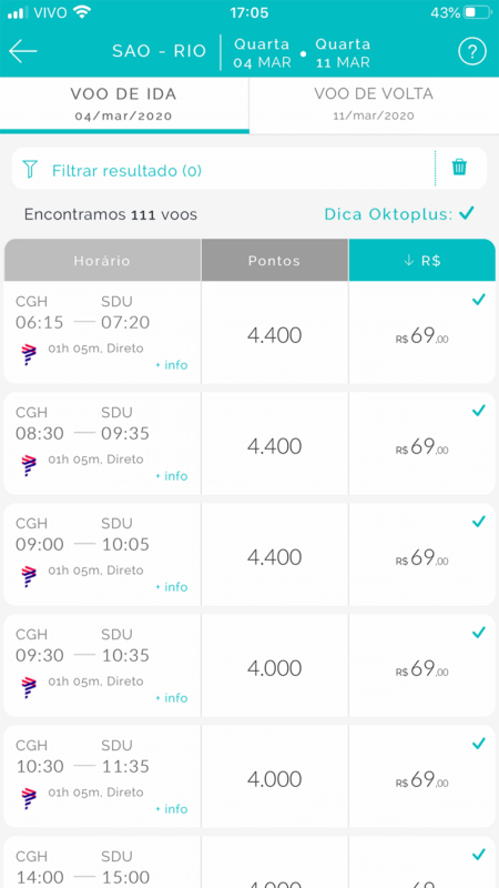 Tabela de preços das passagens no Oktoplus