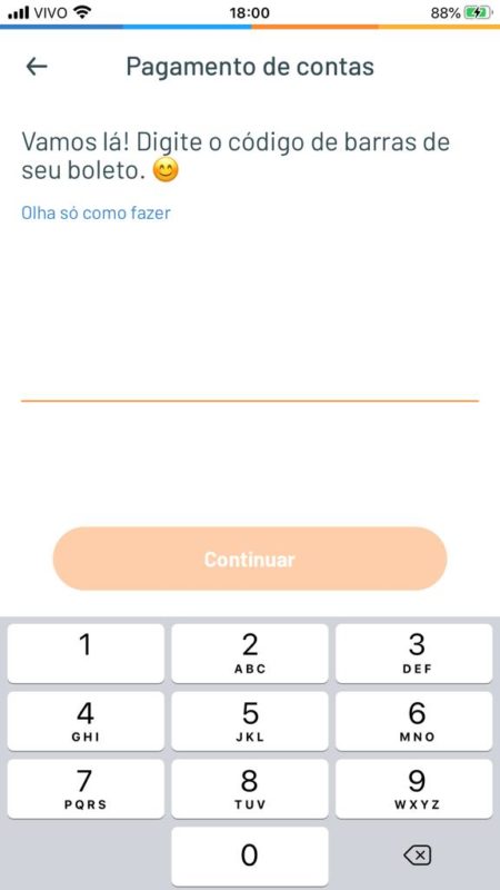 Após digitar ou ler o código de barras, clique em continuar para pagar conta no cartão de crédito.