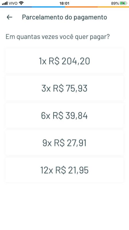 Selecione em quantas parcelas você deseja realizar o pagamento do boleto no cartão de crédito