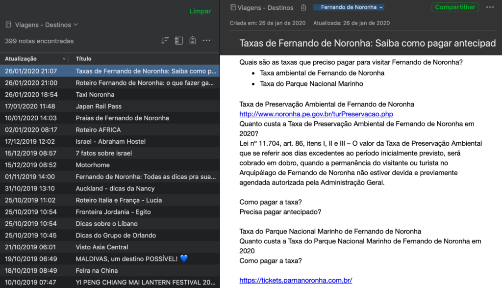 informações de viagens passadas e futuras no Evernote