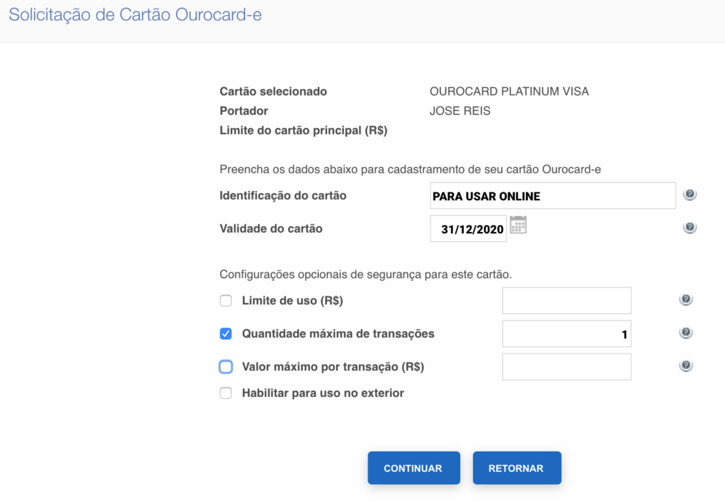 Criando cartão de crédito virtual para compras online