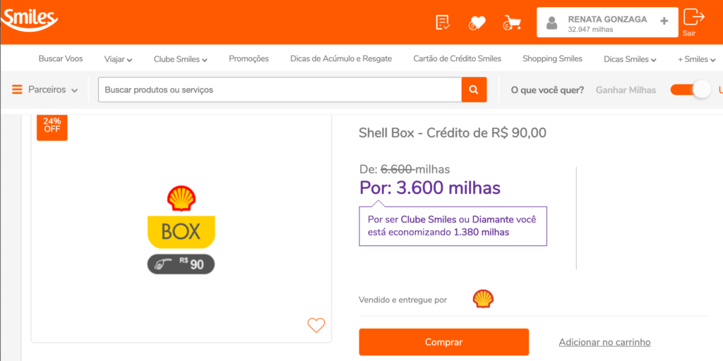 Transformando Milhas Smiles em vale combustível Shell Box