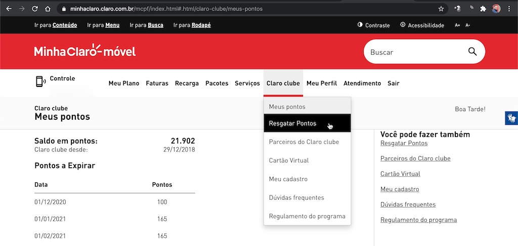 Faça o login e depois clique em Claro Clube Resgate de Pontos