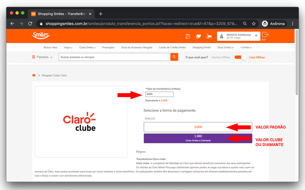 transferência de pontos claro para smiles - ping pong claro