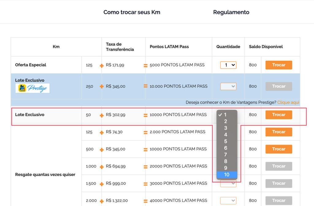 Selecione a quantidade de lotes para transferência