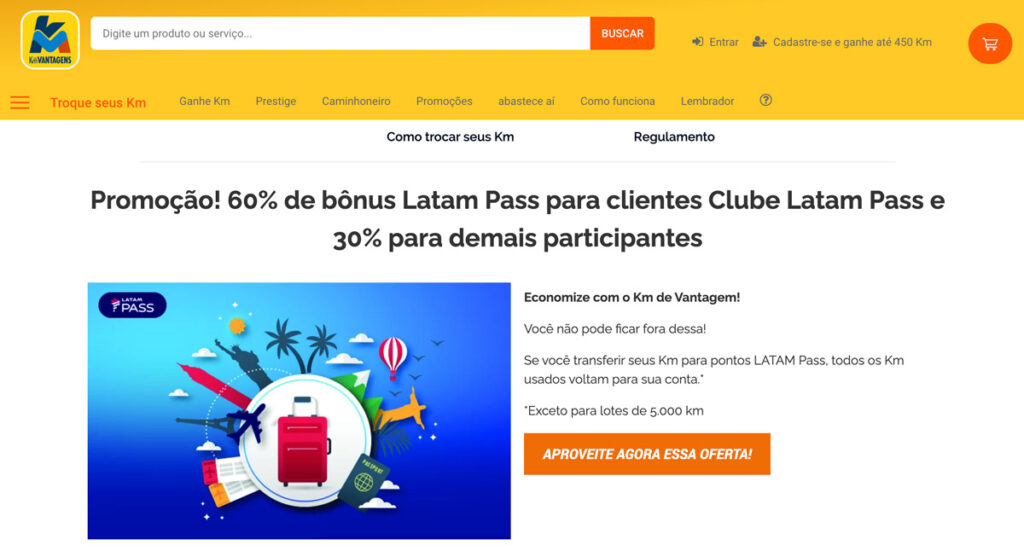 Clique no botão para aproveitar a oferta de transferência de km de vantagens para latam pass