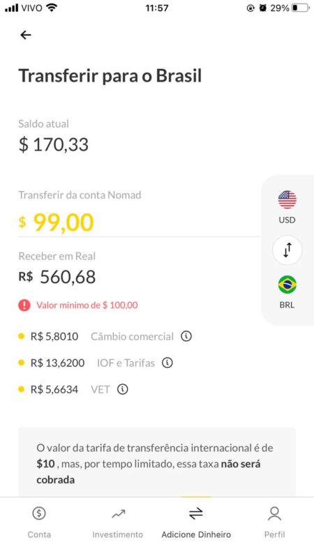 Transferindo dinheiro dos EUA para o Brasil com a conta Nomad Digital a partir de 100 dólares