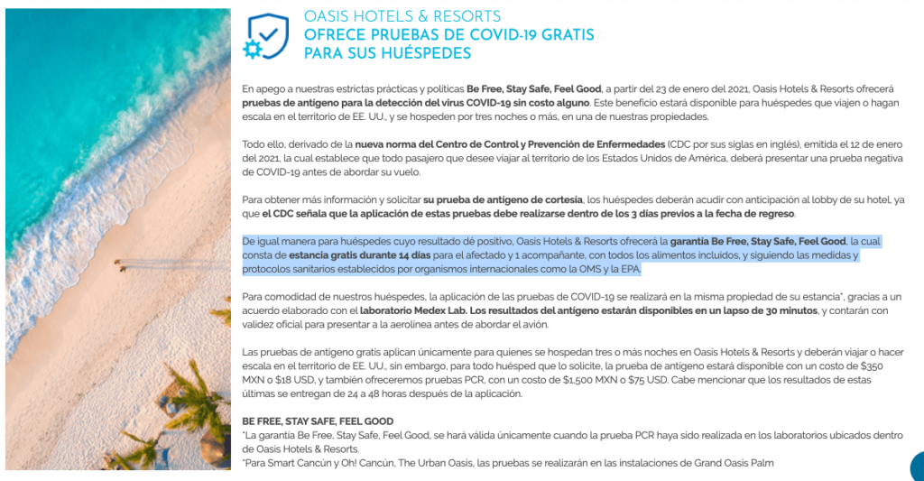 Gran Oasis, oferece teste de covid gratuito e 14 dias de hospedagem para quem testar positivo