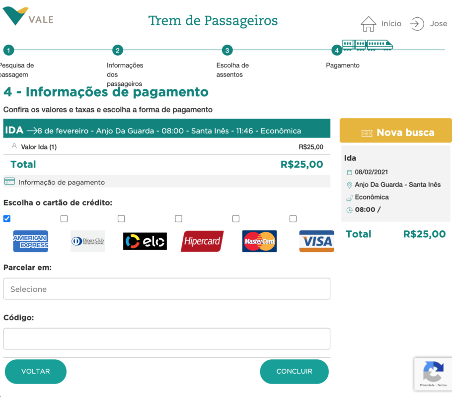 Tela de pagamento da passagem de trem de passageiros