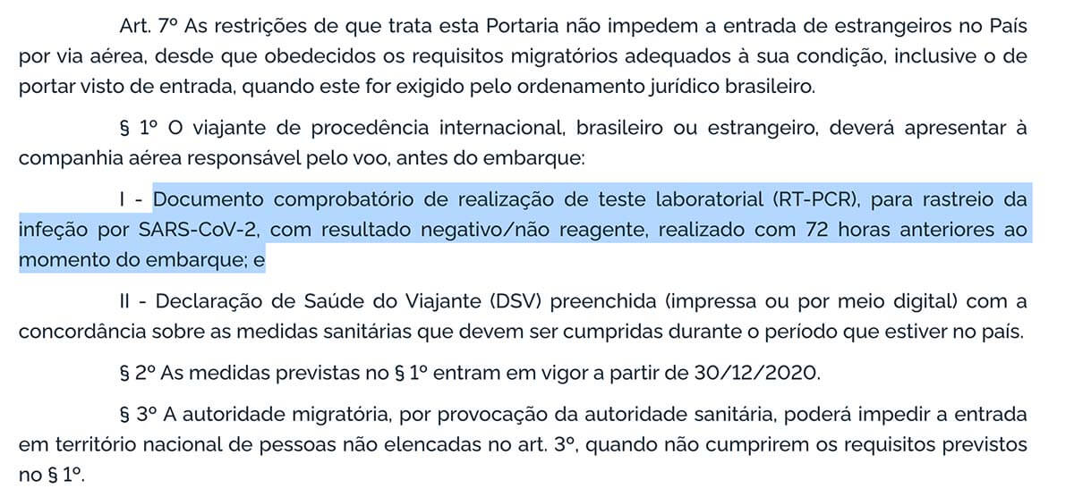 texto da portaria 630 do brasil que estabelece necessidade de teste PCR ao voltar de cancun ao brasil