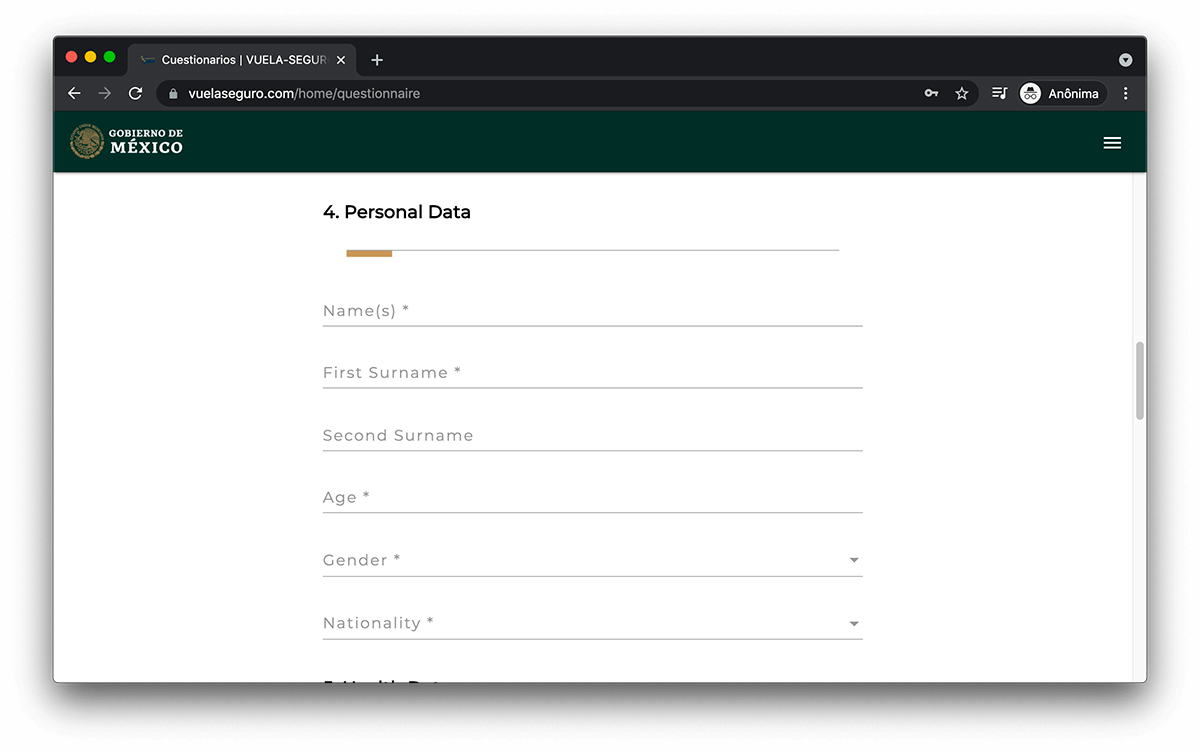 preencha seus dados pessoais no formulário de saúde do méxico, através do site vuela seguro