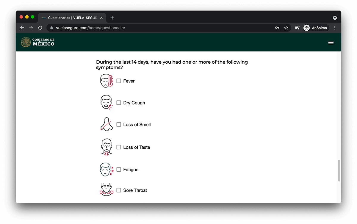no formulário de saúde do méxico, você precisa marcar os sintomas
