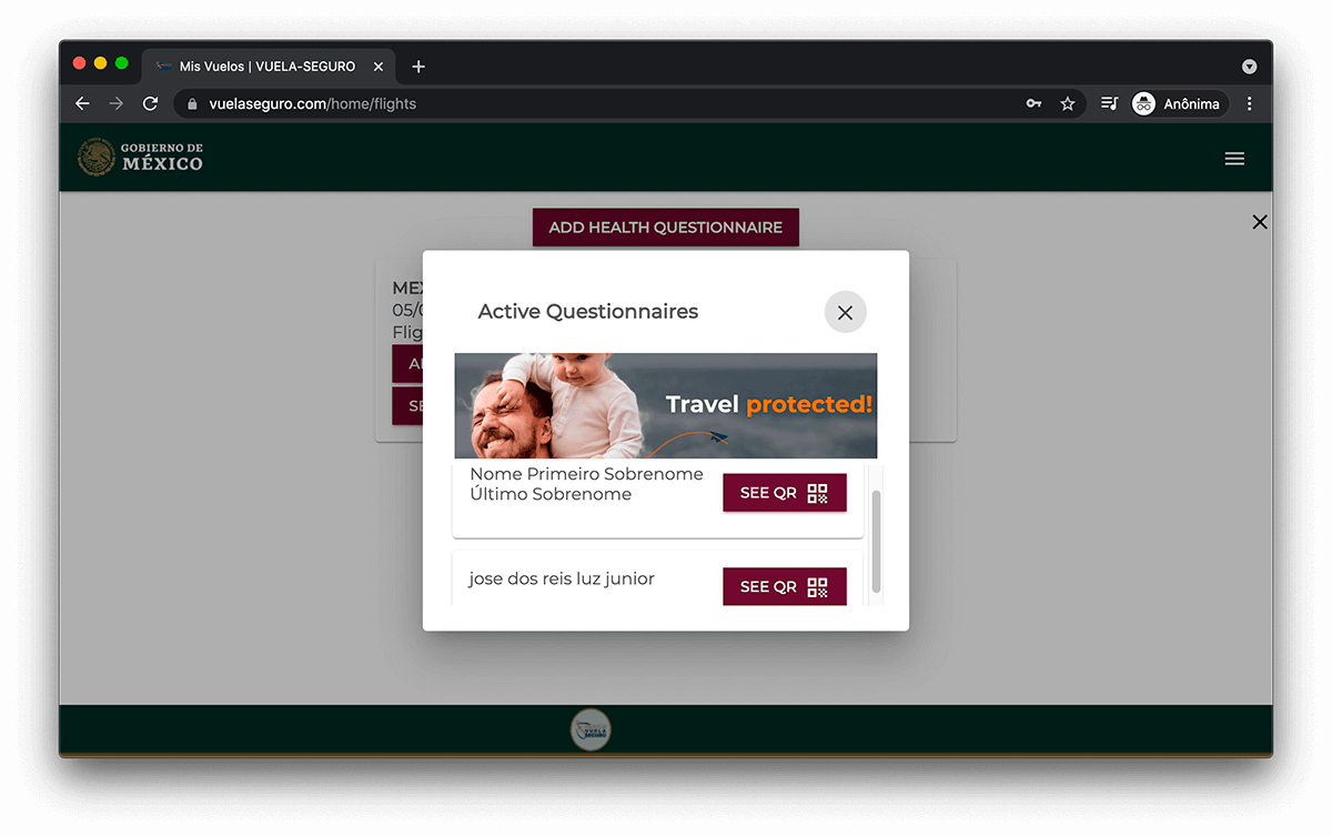 depois de preencher o formulário de saúde, você pode clicar nos nomes para gerar o QR code para embarcar no México