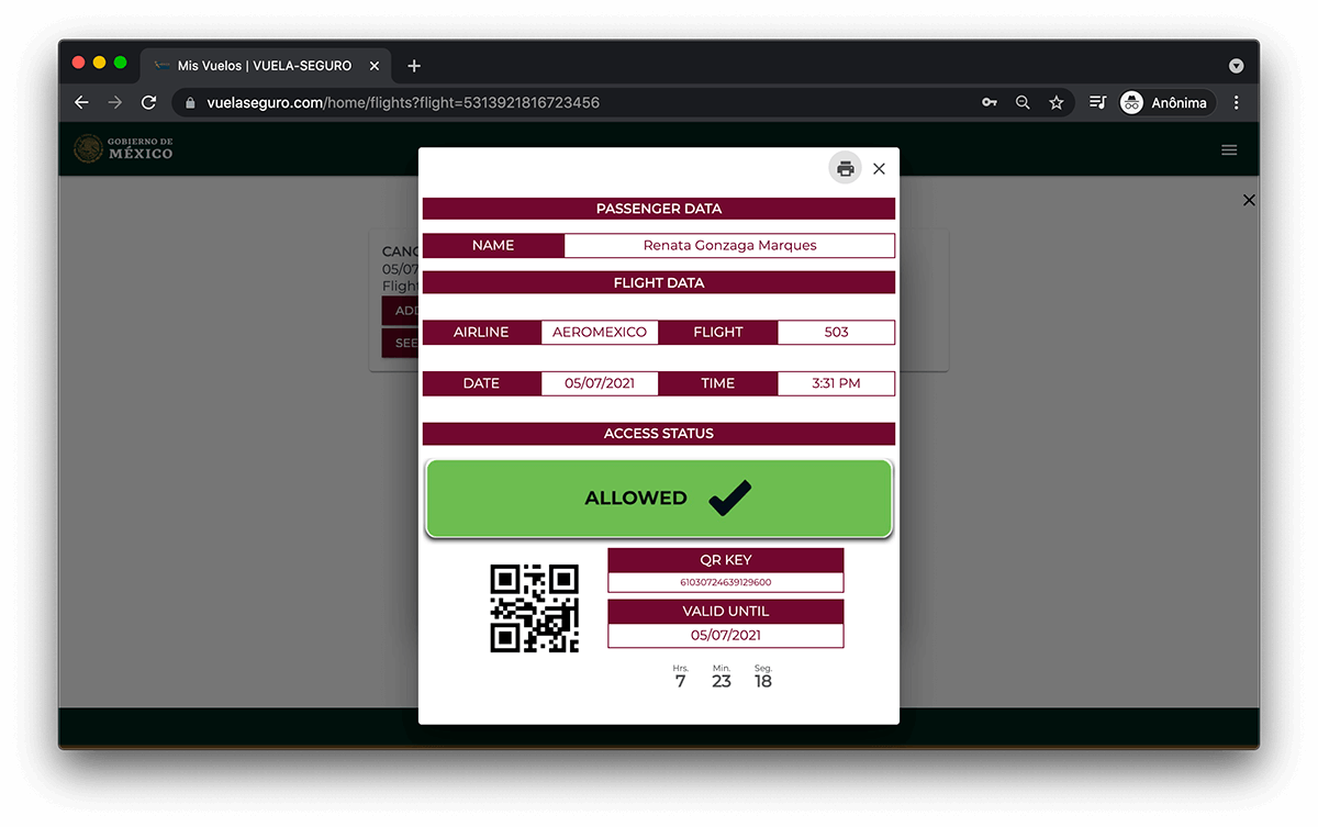 Esse QR code é gerado após preencher o formulário de saúde do México. Você precisa dele para embarcar.