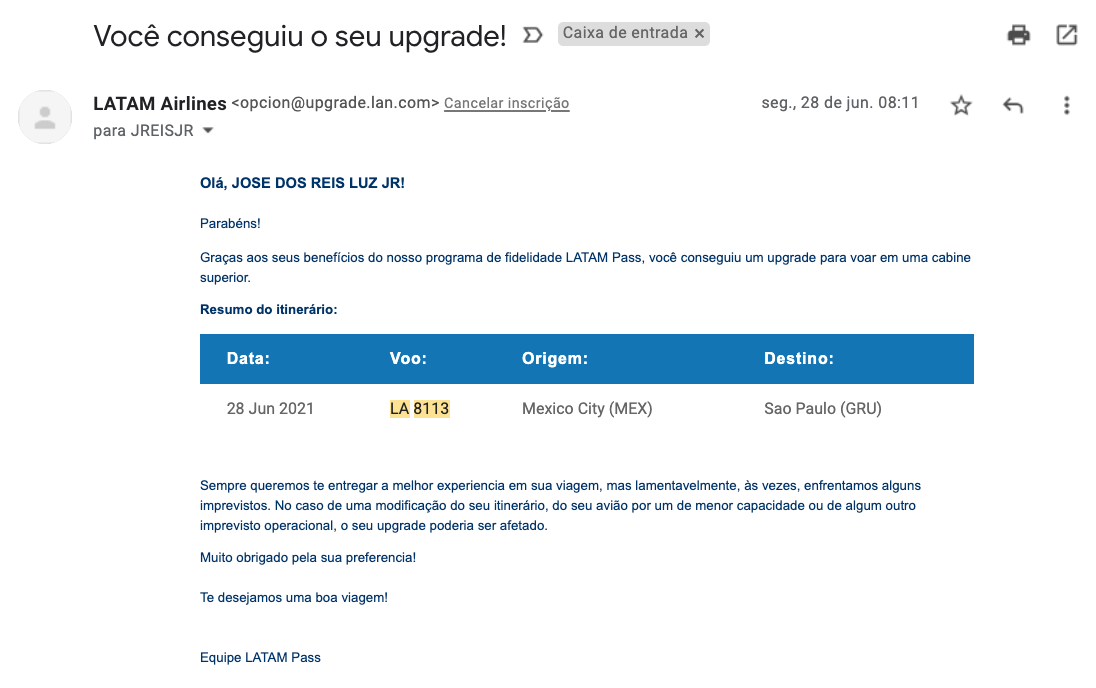 Como saber se consegui o upgrade de cabine na Latam