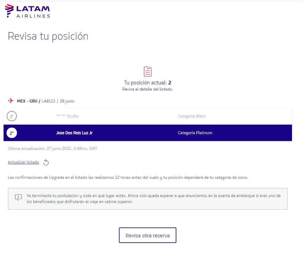 Minha posição na lista de upgrade cabine latam pass