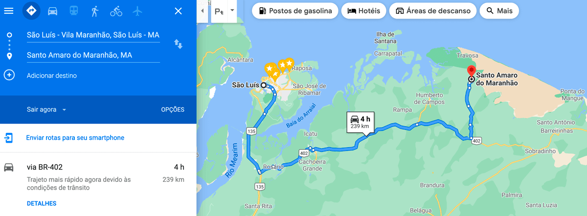 Mapa rodoviário de São Luís para Santo Amaro