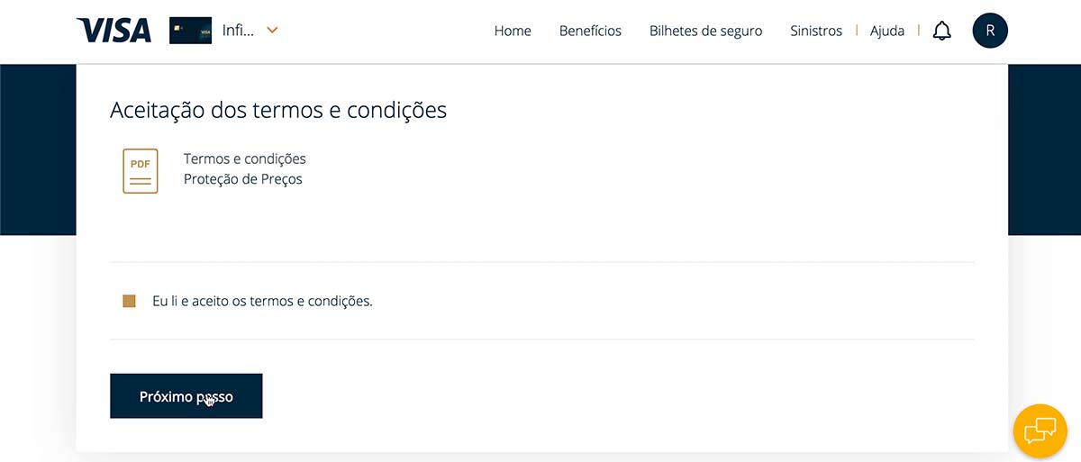 Aceitação dos Termos dos benefícios Visa