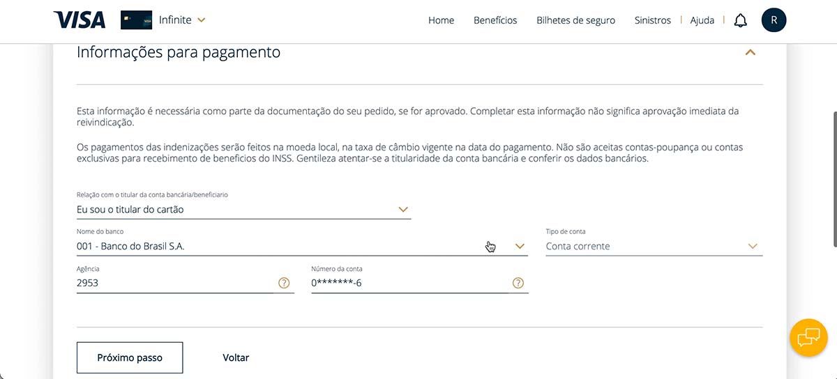 Dados bancários para receber o reembolso do seguro proteção de preço