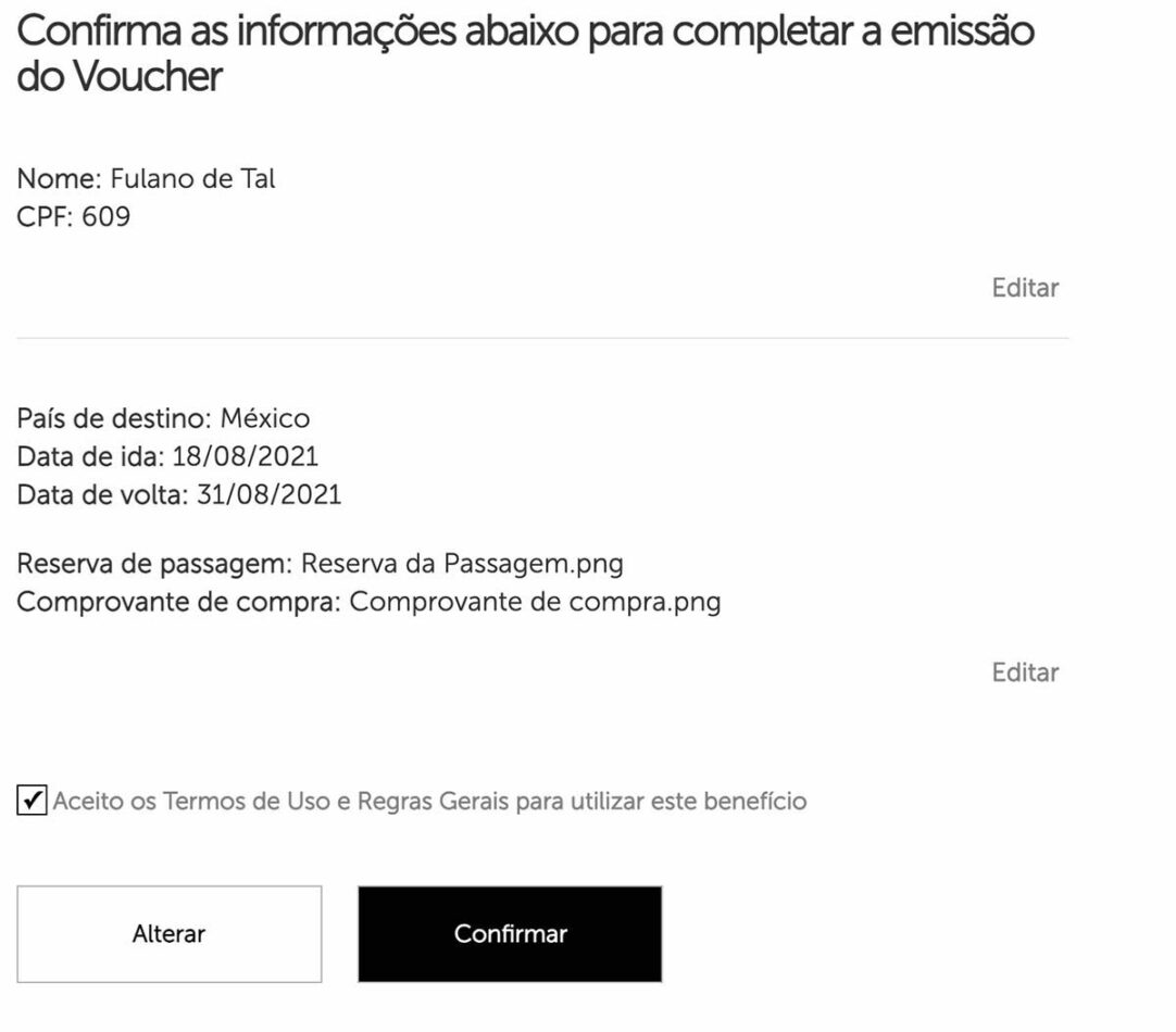 Confirmação das informações Voucher Elo Nanquim