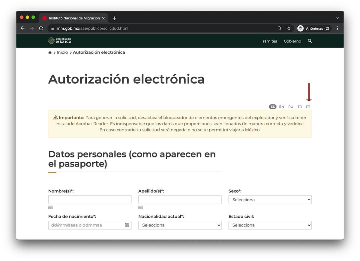 passo a passo do visto mexicano online - passo 1