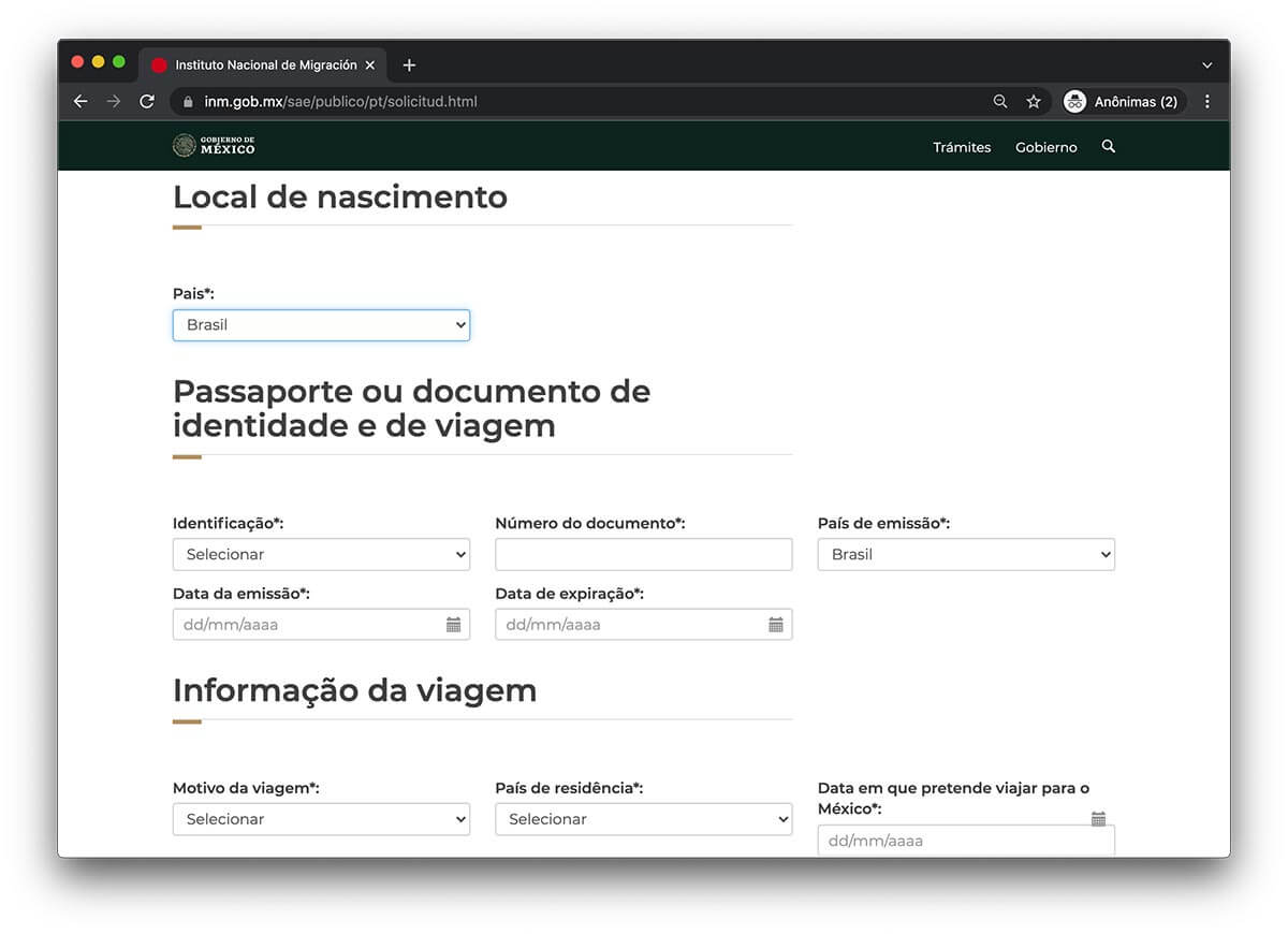 passo a passo do visto mexicano online - passo 2