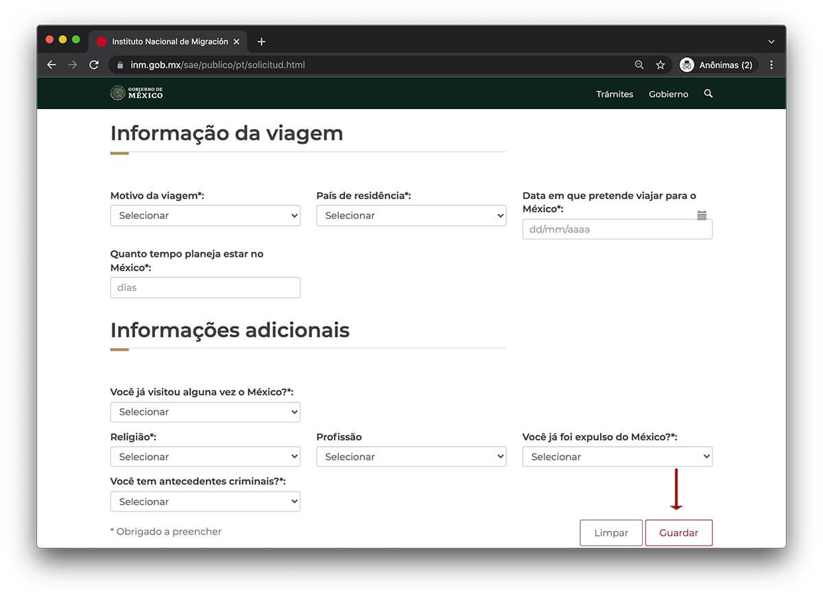 passo a passo do visto mexicano online - passo 3