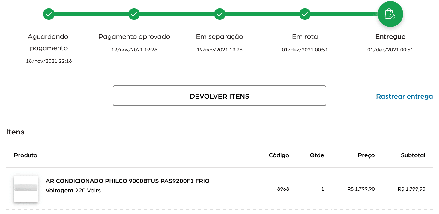 Compra de ar condicionado no valor de R$ 1.800