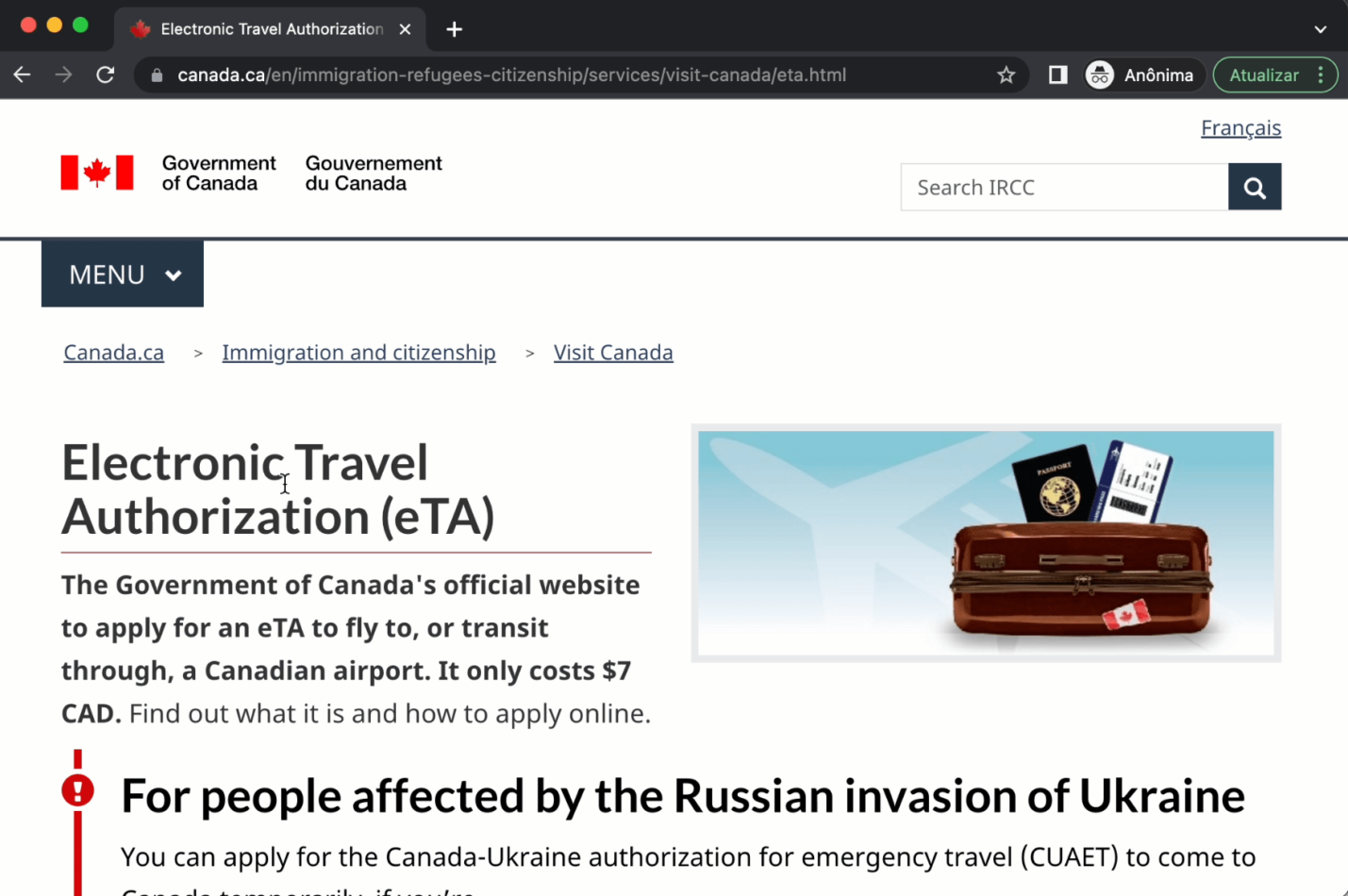 Site oficial do governo canadense para emissão do eTA para brasileiros