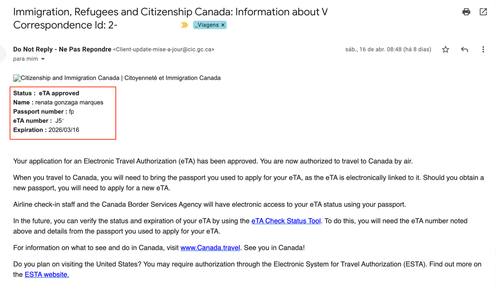 email de aprovação do visto canadense 2022